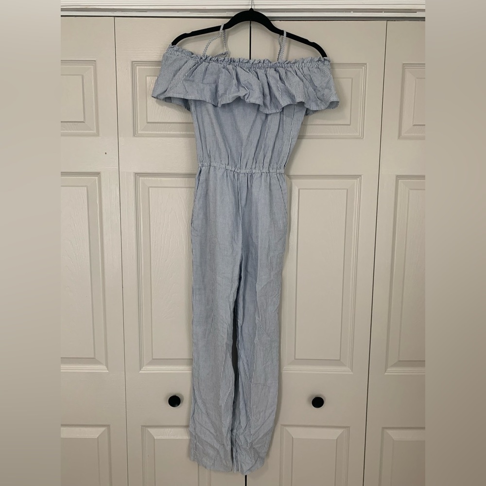 Chambray jumpsuit with off the shoulder detail and pockets